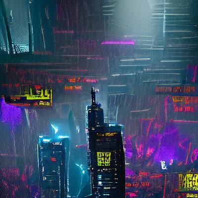 dark cyberpunk city at night with light rain and buildings w...
