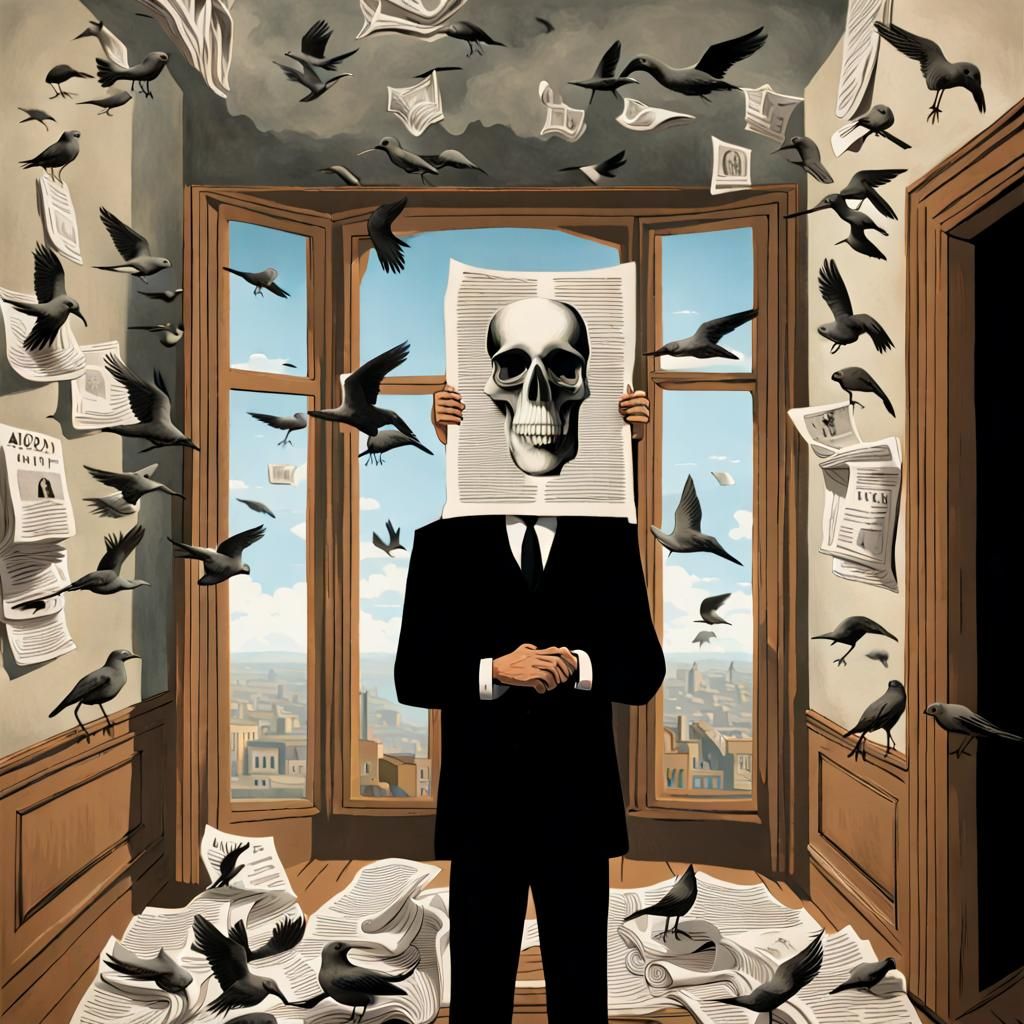 Surreal Businessman with Newspaper in Magritte Style