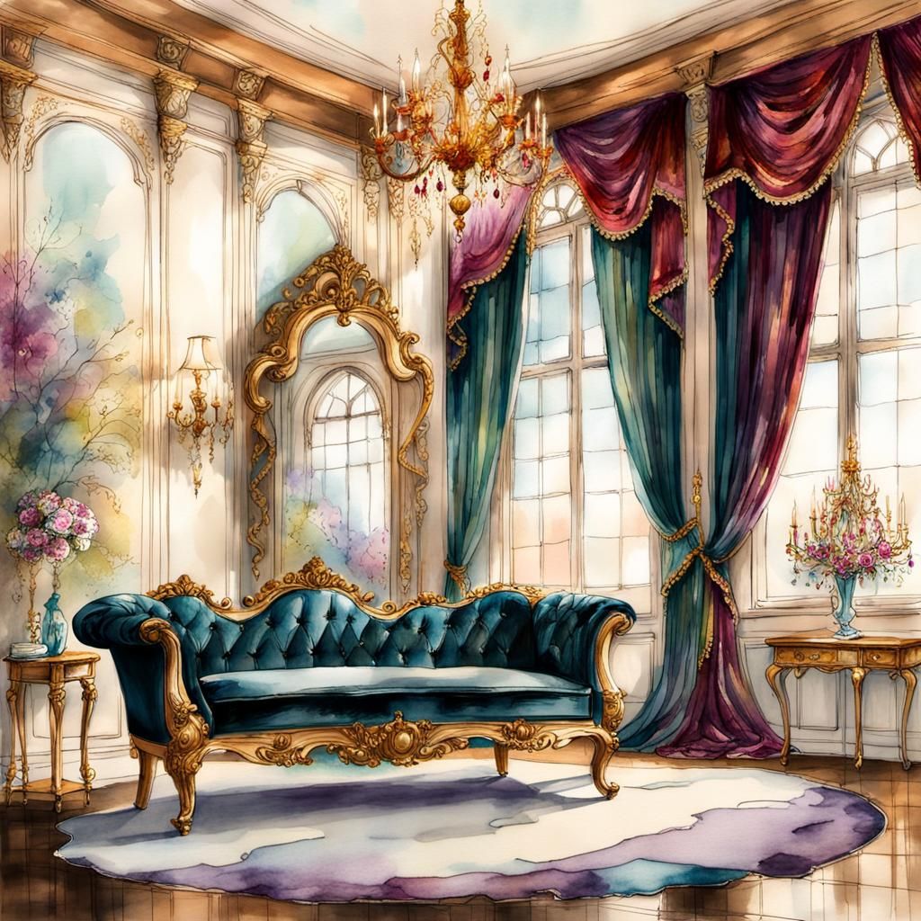 Decadent Living Room with Gold Mirror and Chandelier