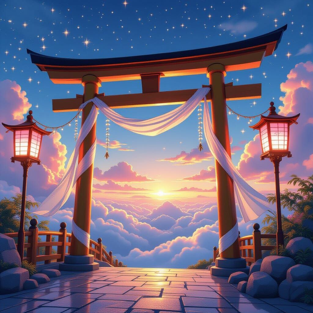 Golden Torii Gate to Heaven with Pink Lanterns