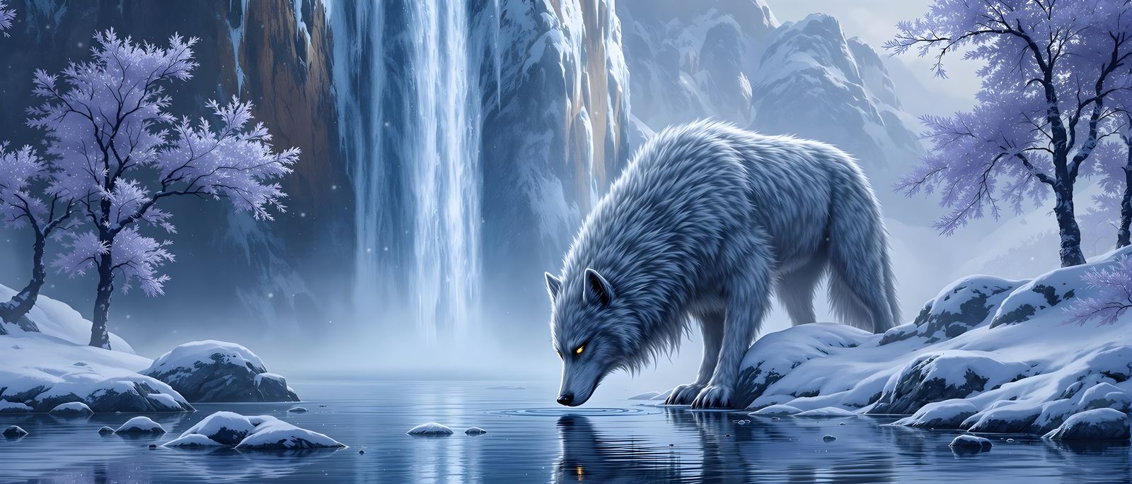 Majestic Waterfall in Snowy Wilderness with Direwolf