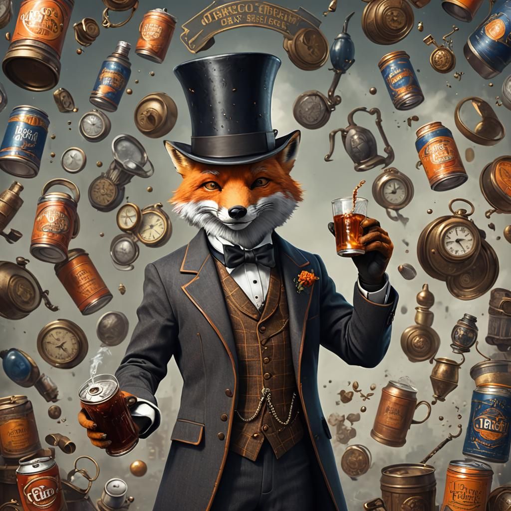 Fox in Suit with Soda, Detailed Digital Art