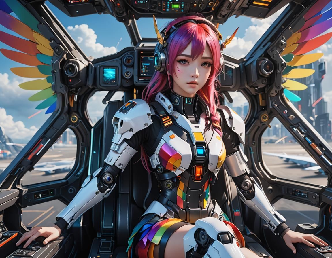 Rainbow-Haired Girl in Robotic Dress, 3D Anime Art