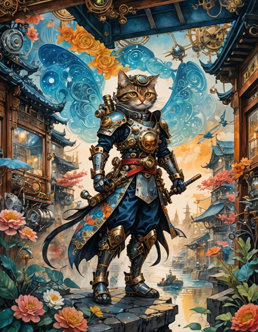Steampunk Cat Samurai in Watercolor Art