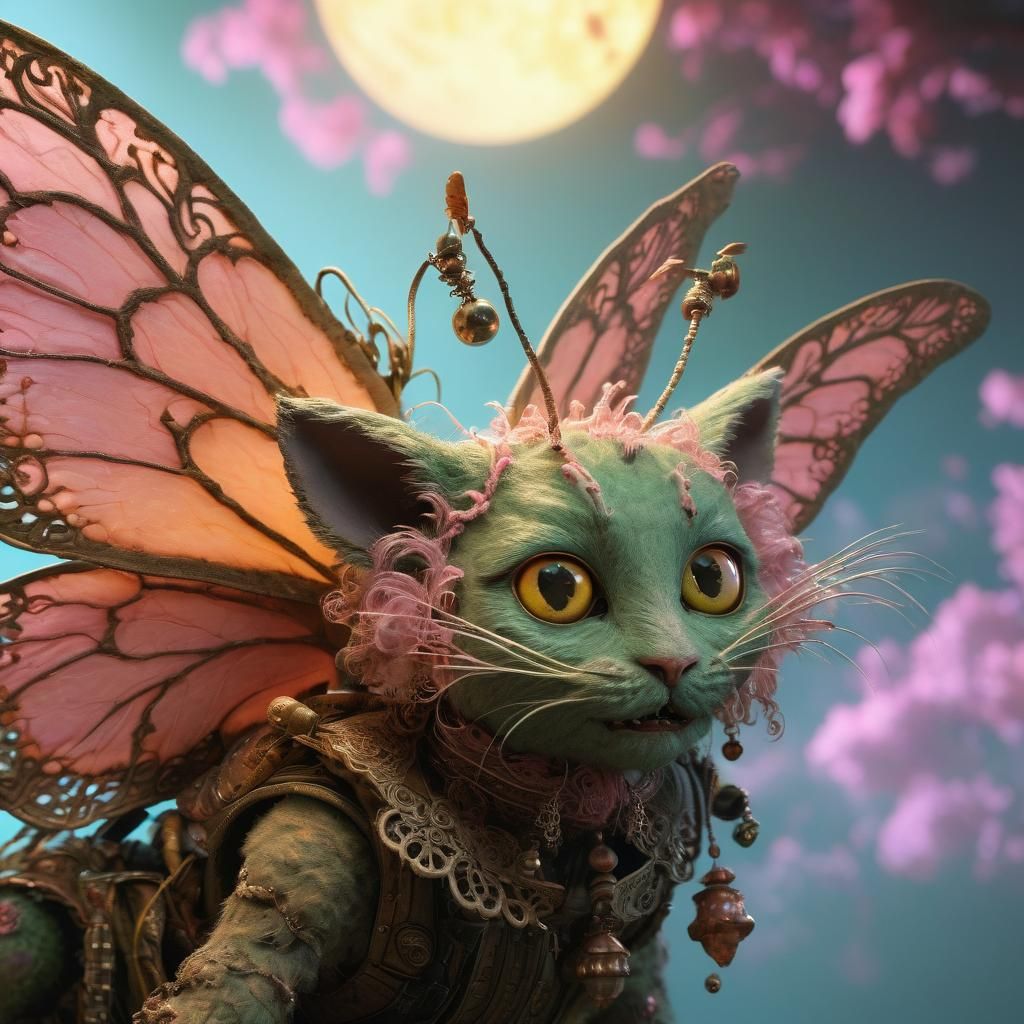 Moth Creature and Cat in Whimsical Fantasy Art