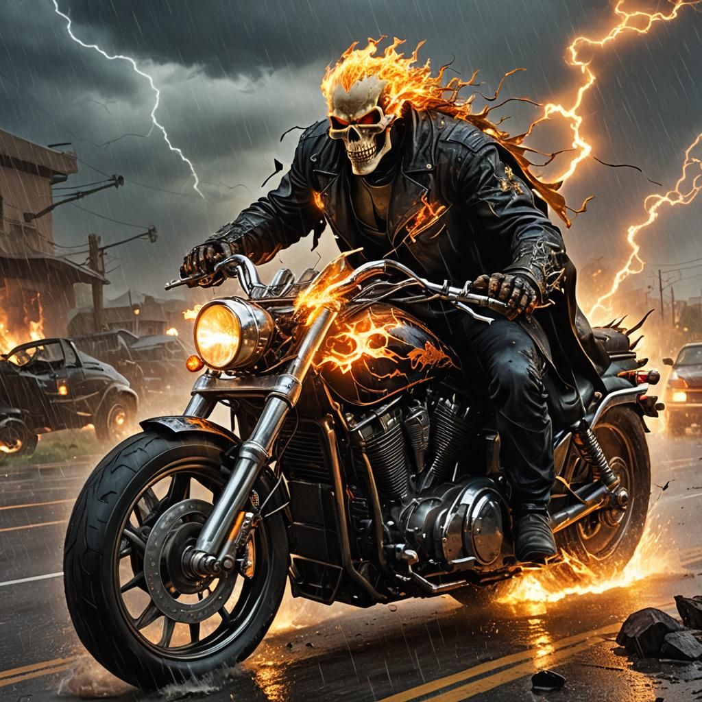 Ghost Rider on Hellish Motorcycle in Storm