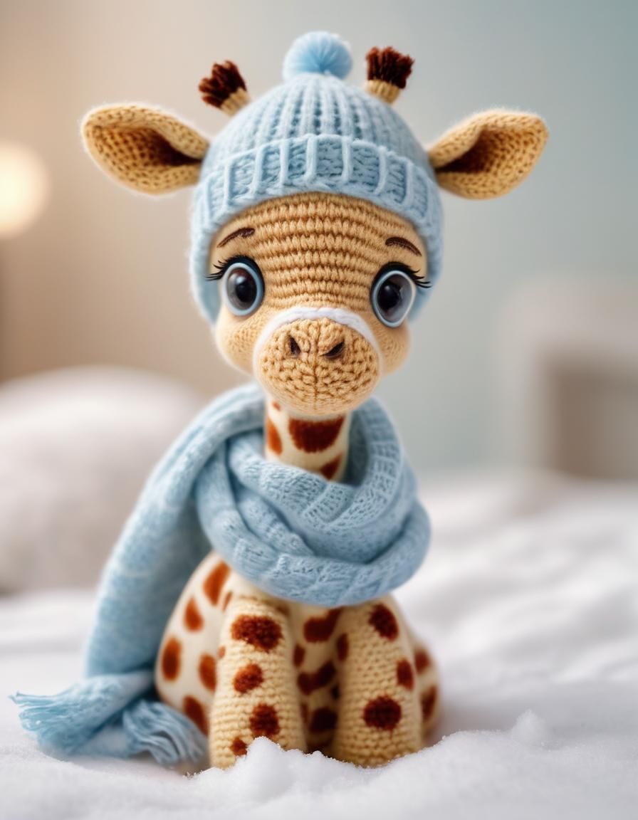 Cozy Snowy Giraffe in Knitted Hat and Scarf
