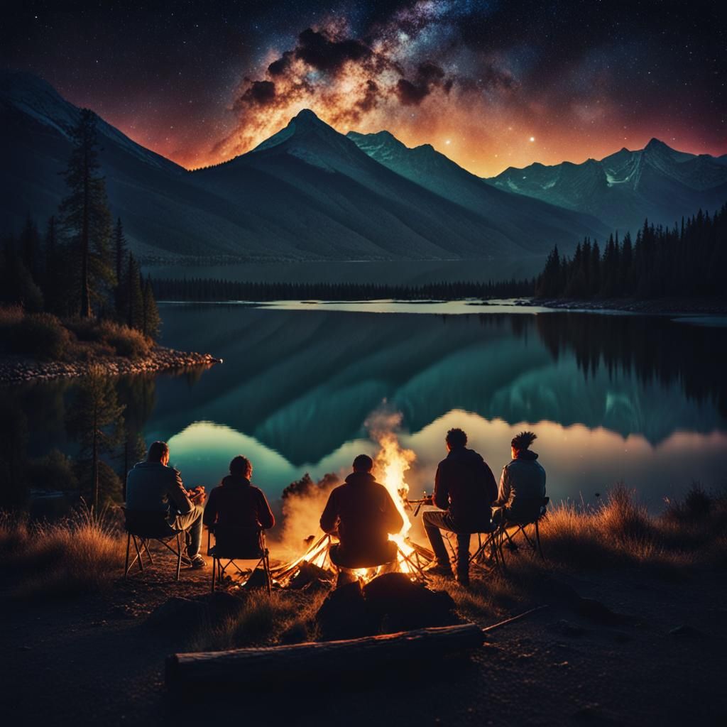Majestic Night Sky Reflected Over Campfire Lake