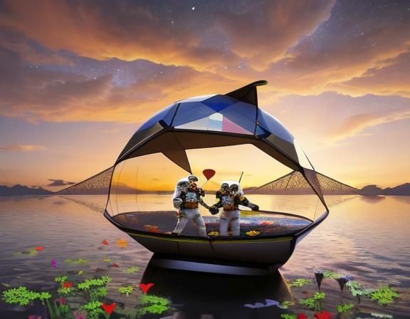 Lunar Greenhouse: Astronauts Cultivating Flowers in Dome