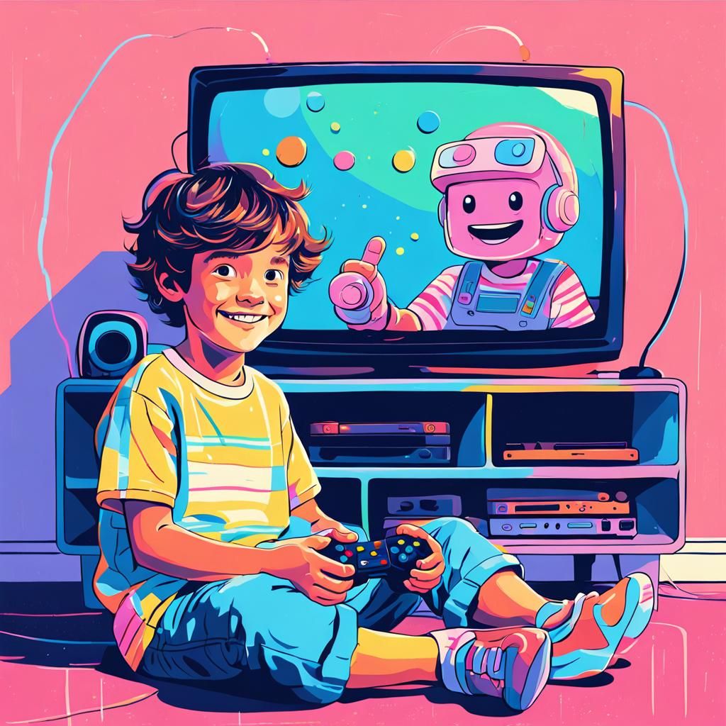 Whimsical Cartoon of Child Playing Video Game