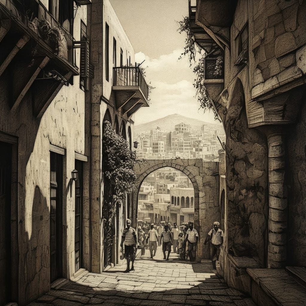 Ancient Lebanese Metropolis in Detailed Charcoal Style