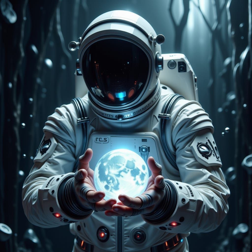 Astronaut Holds Glowing Moon Orb in Surreal Dreamscape