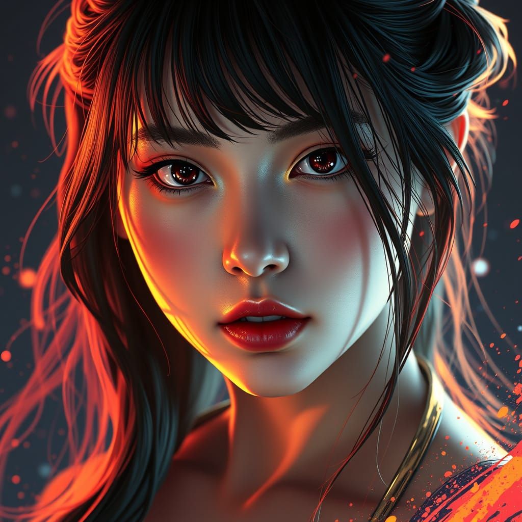 Detailed Portrait of Anime-Style Woman in Art Nouveau Style