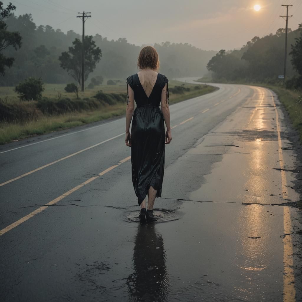Pale Woman Hitchhiking at Sunrise