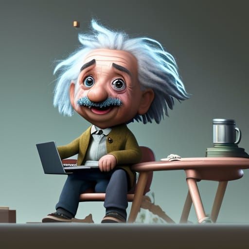Cute Einstein at Laptop in Hyperrealistic Digital Painting