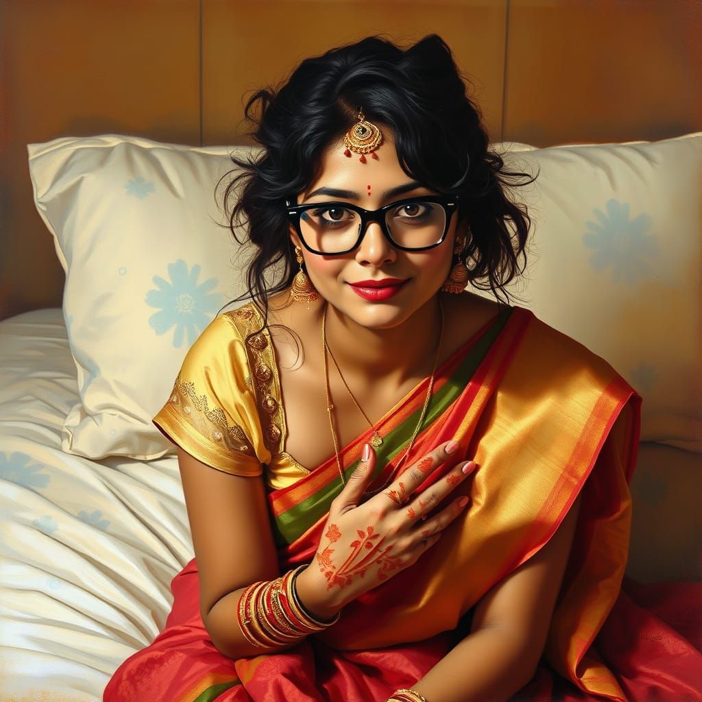 Shy Indian Bride with Sindoor, Oil Painting