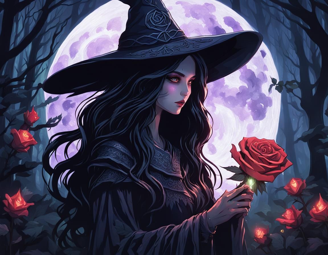 Mysterious Witch in Moonlit Forest Holding Glowing Rose