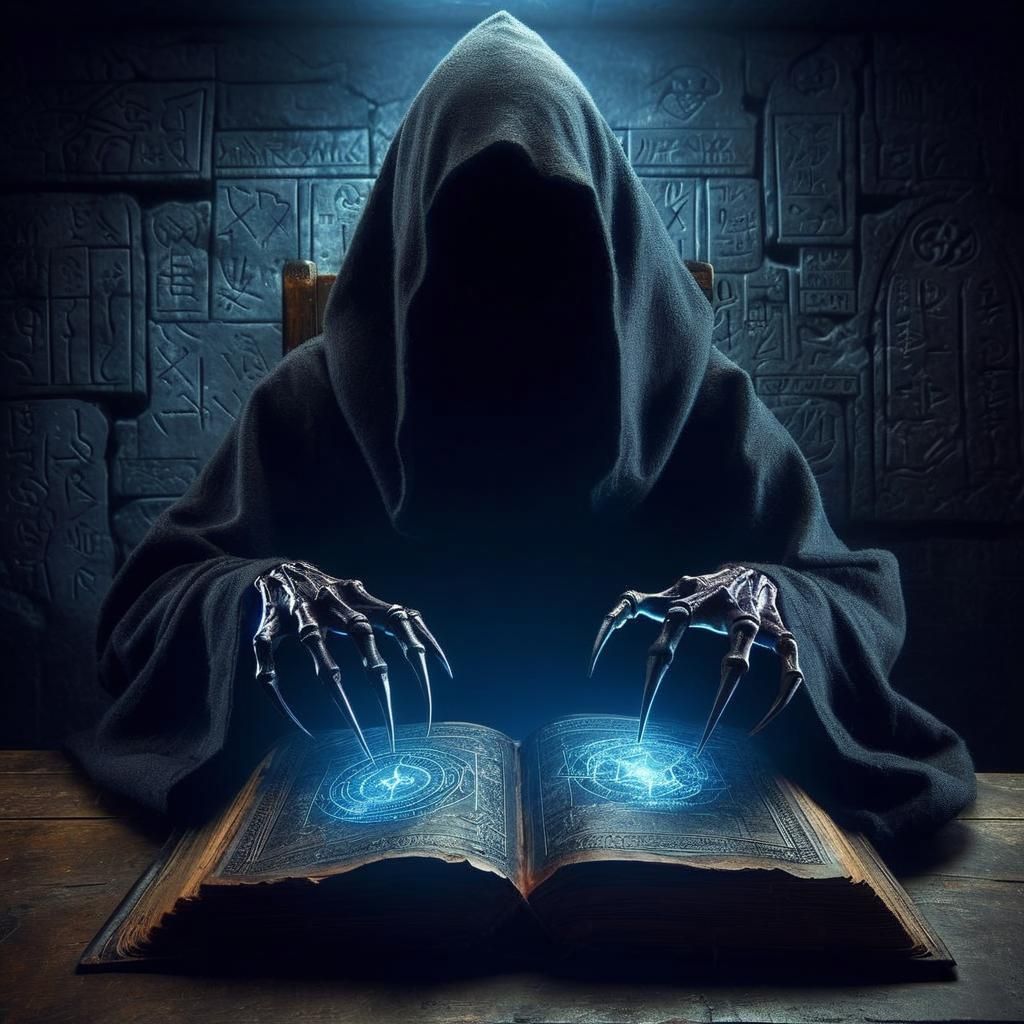 Sinister Cloaked Figure with Ancient Glowing Book
