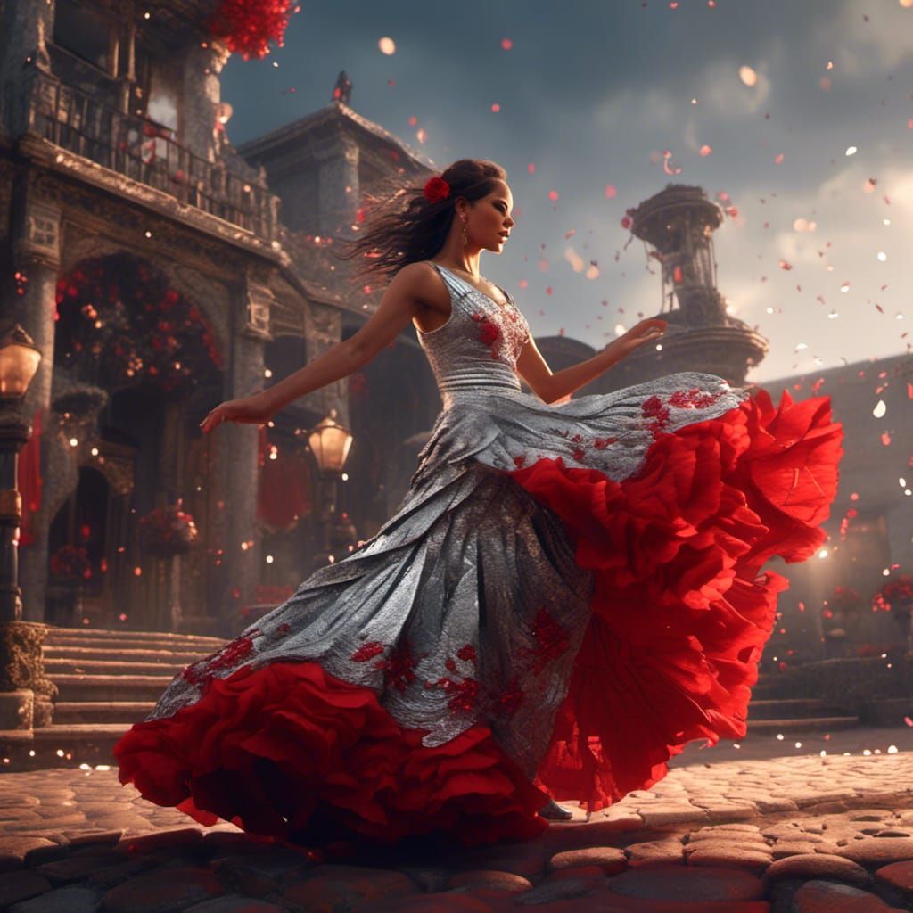 Flamenco Dancer in Silver Dress, Detailed Digital Painting