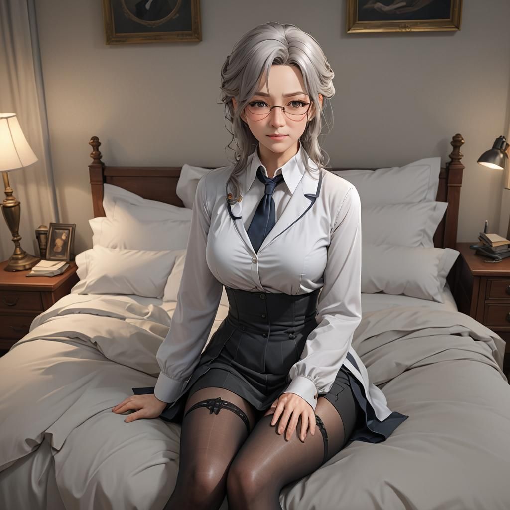 Mature Female Professor in Bedroom: 3D Anime Art