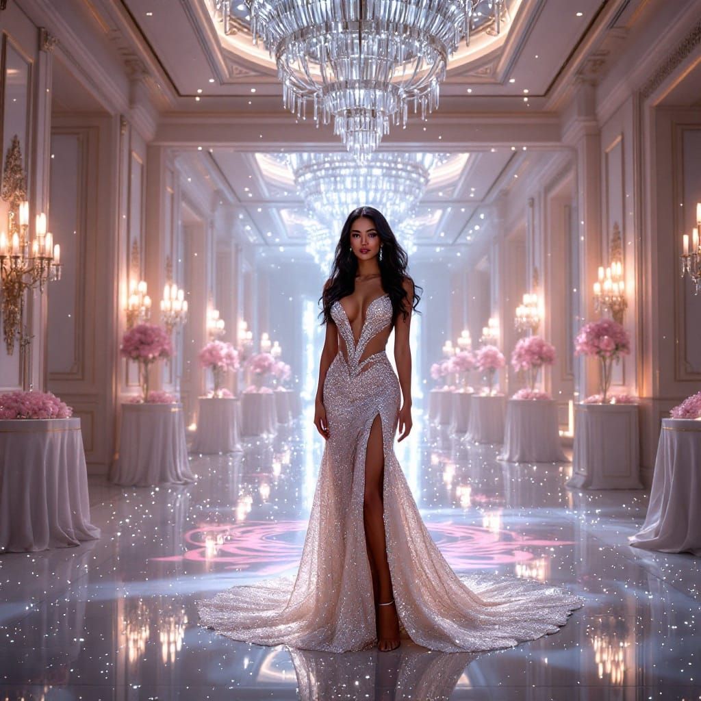 Elegant Woman in Lavish Ballroom with Grand Chandeliers