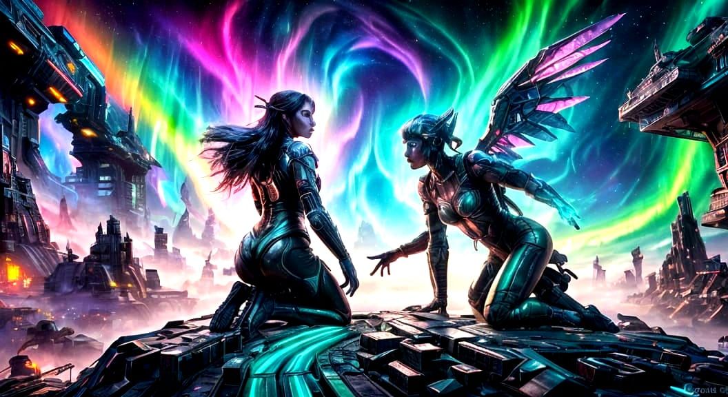 Surreal Cyberpunk Cityscape in Foggy Aurora Borealis