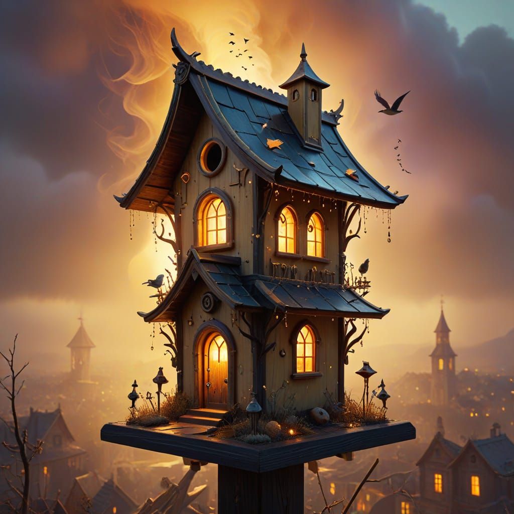 Surreal Birdhouse on City Roof in Dali Style