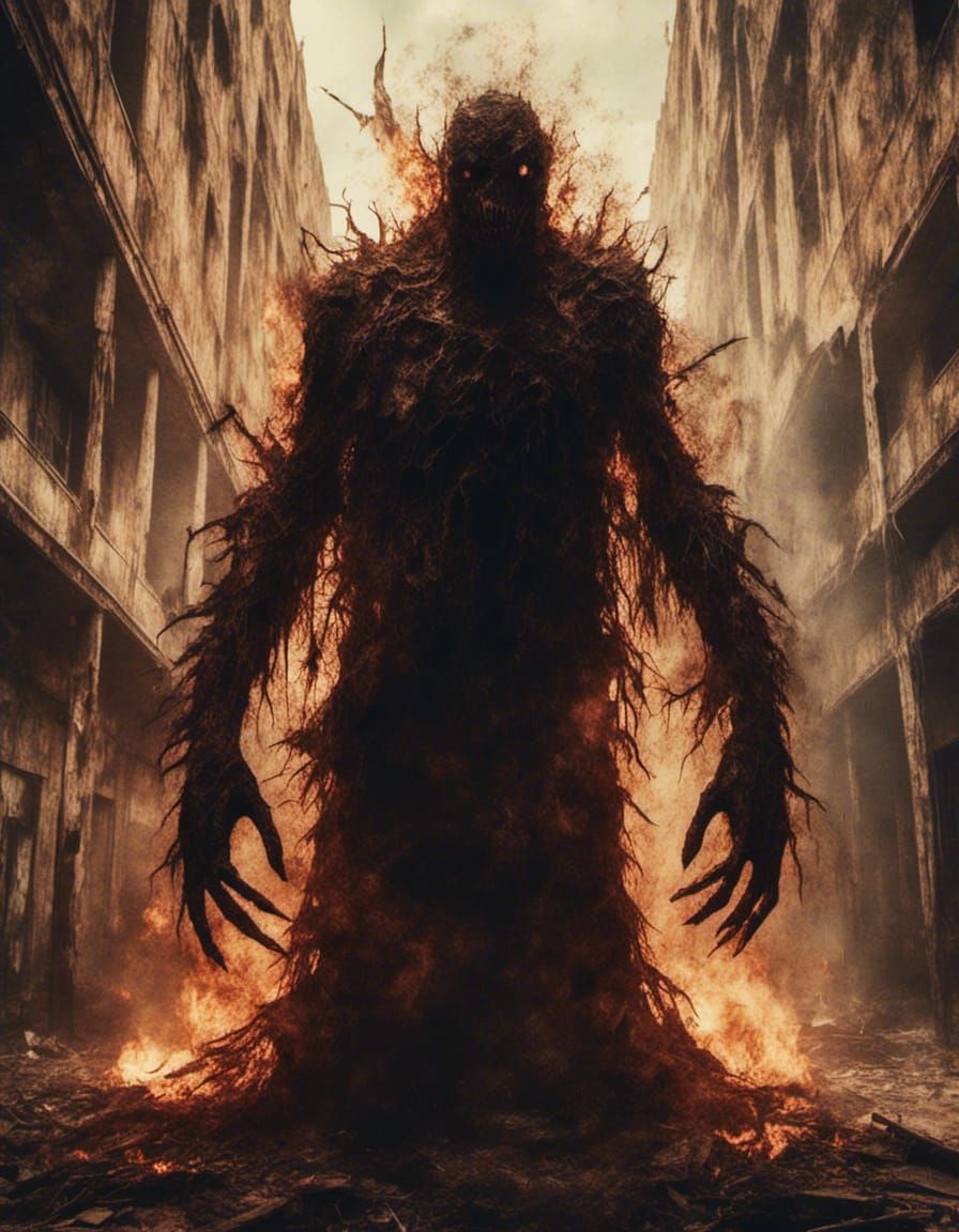 Monster Silhouette Emerges from Burning Inferno