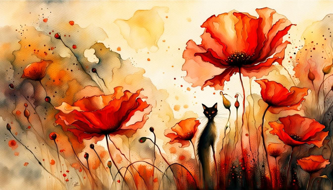 Whimsical Alien Feline Surrounded by Delicate Poppies in a G...