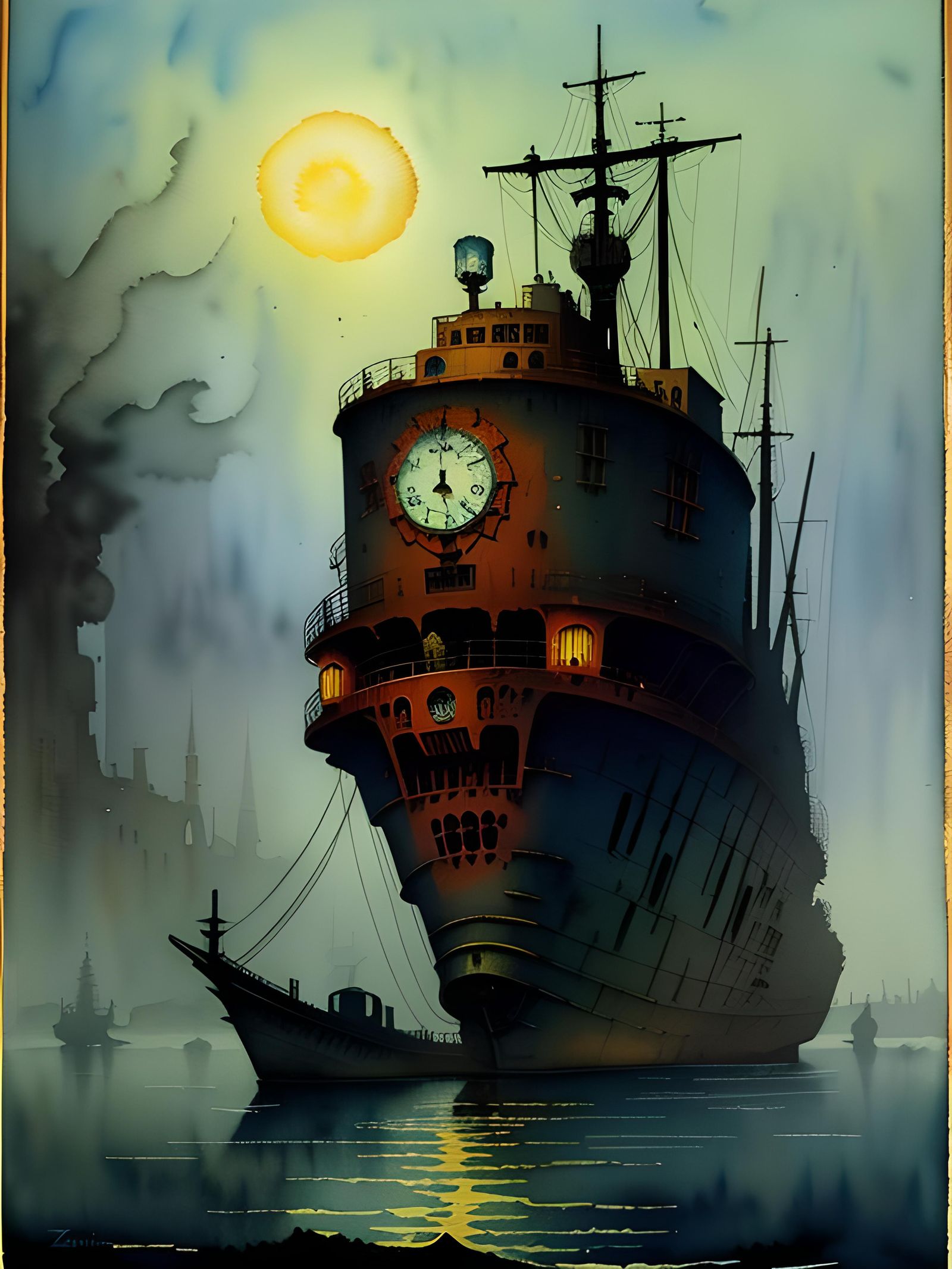 Steampunk Robot in Dark Watercolor Painting