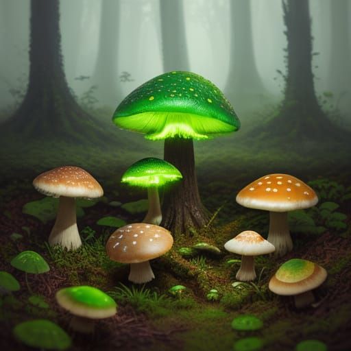 Mystical Forest Mushrooms in Vibrant Oil Painting Style