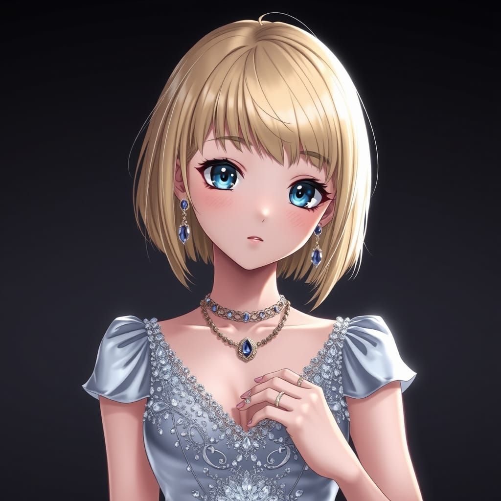 Anime Princess in a Shimmering Silver Gown