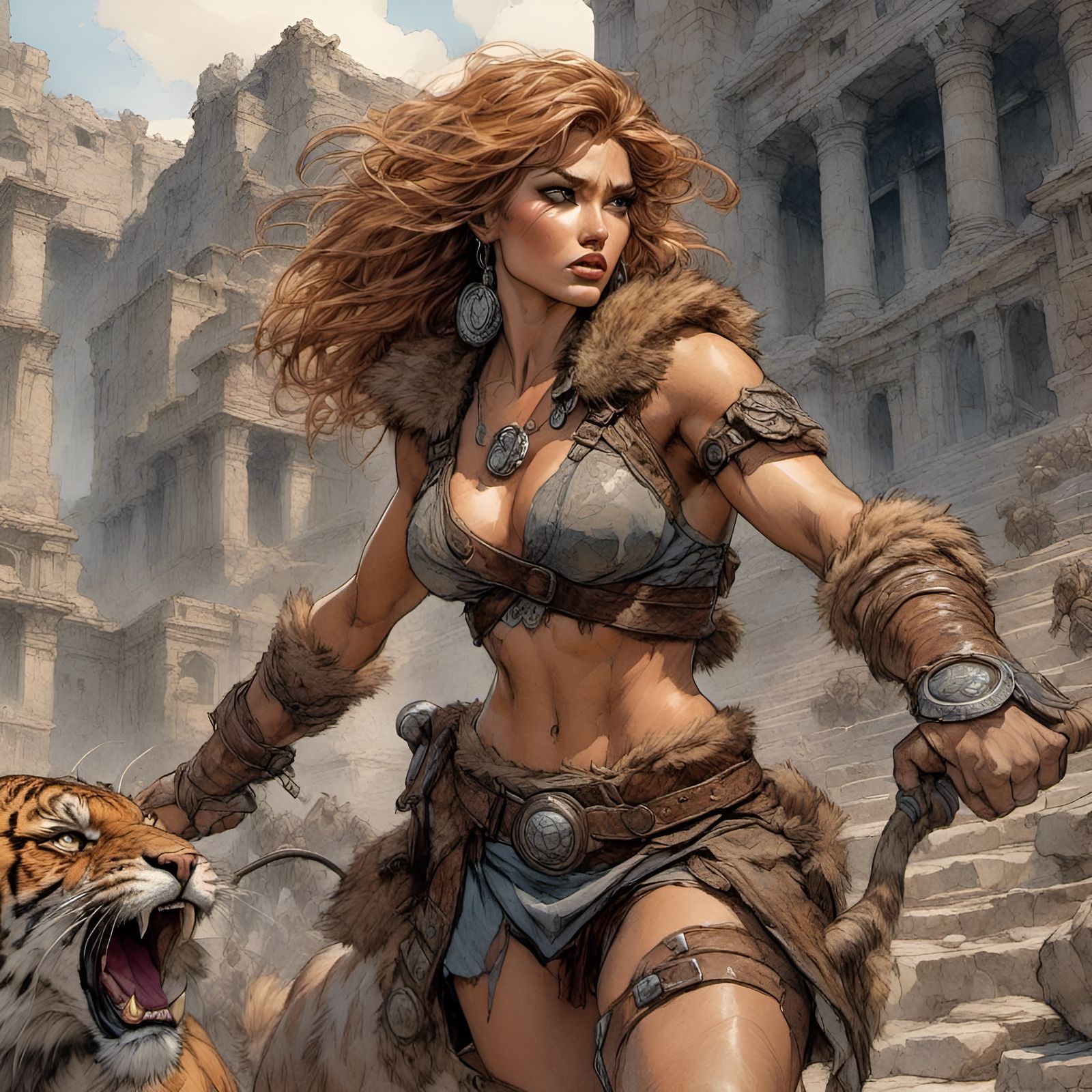 Barbarian Woman Rides Tiger Through Post-Apocalyptic Ruins