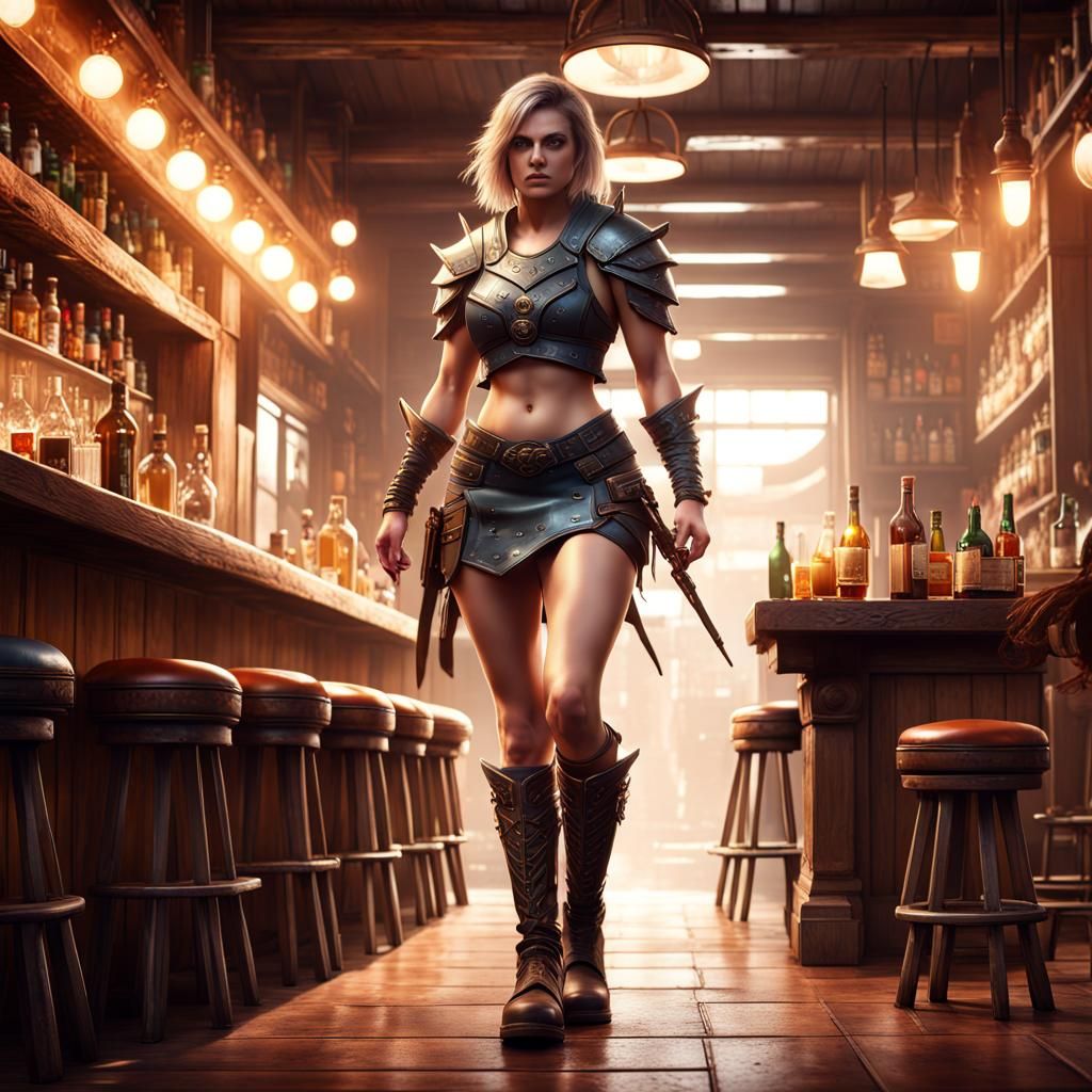 Fantasy Female Warrior in Bar: Detailed Matte Painting