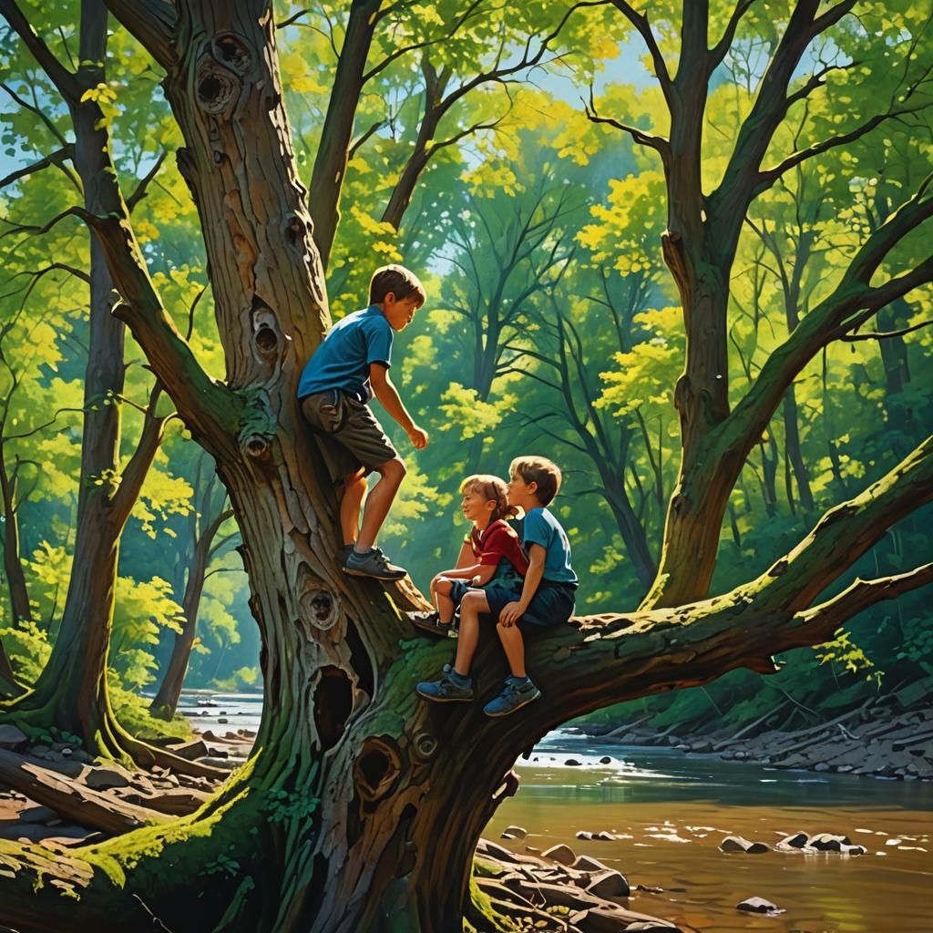 Children Climb Tree in Sunny Forest, Oil Painting