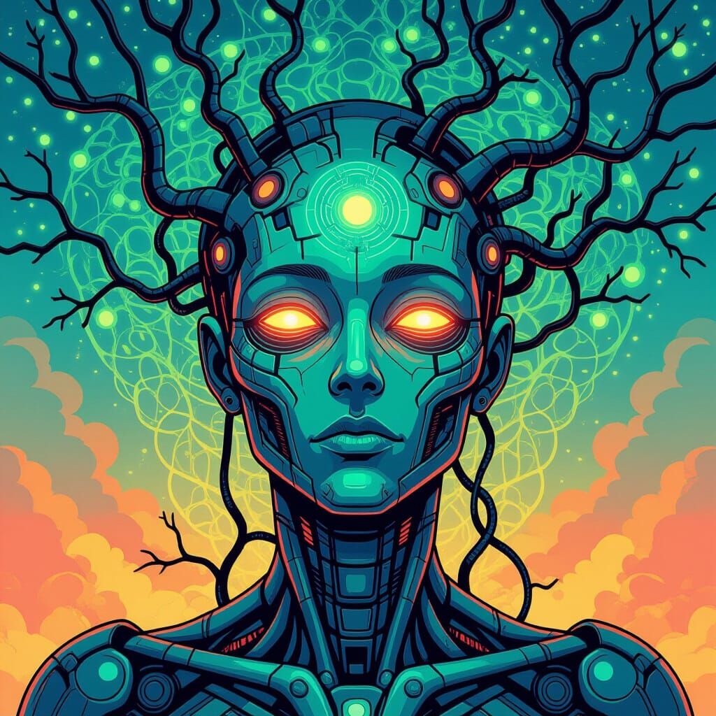 Wacky Cyborg Entangled by Luminescent Vines in Futuristic Ho...