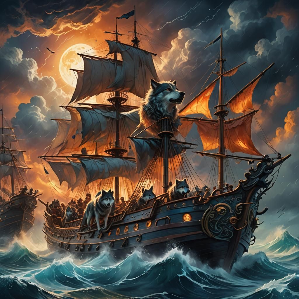Wolves Sailing Mystical Ship on Stormy Seas