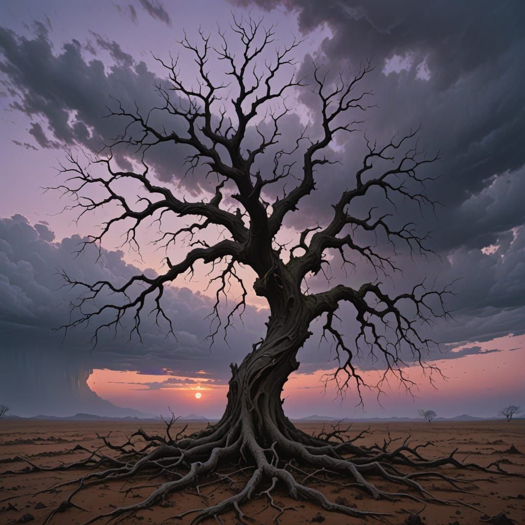 Surreal Gnarled Tree in Desolate Landscape Oil Painting