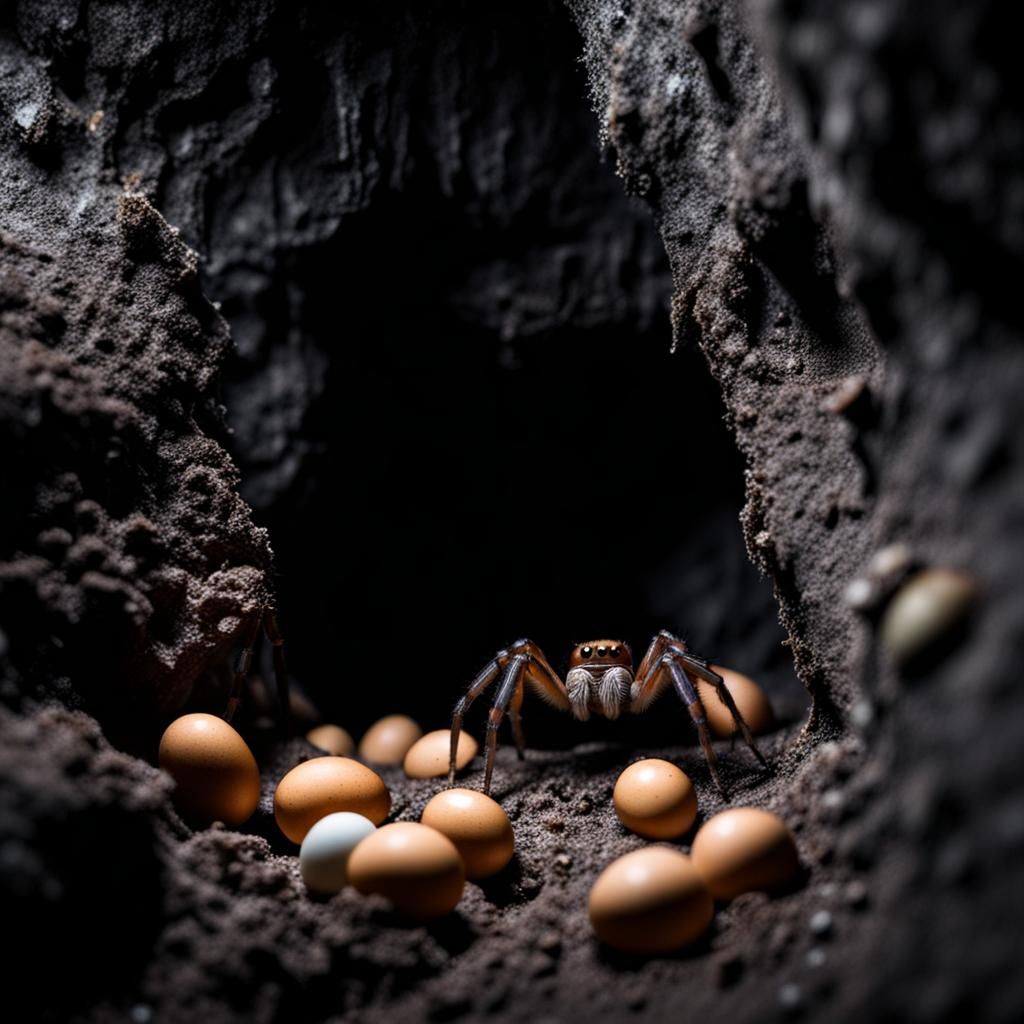 Spider Guarding Eggs in Dark Cave