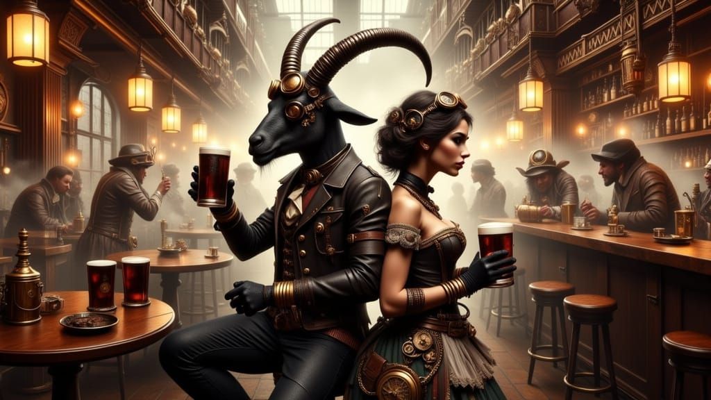 Steampunk Goat Engineer and Seamstress in Pub Brawl