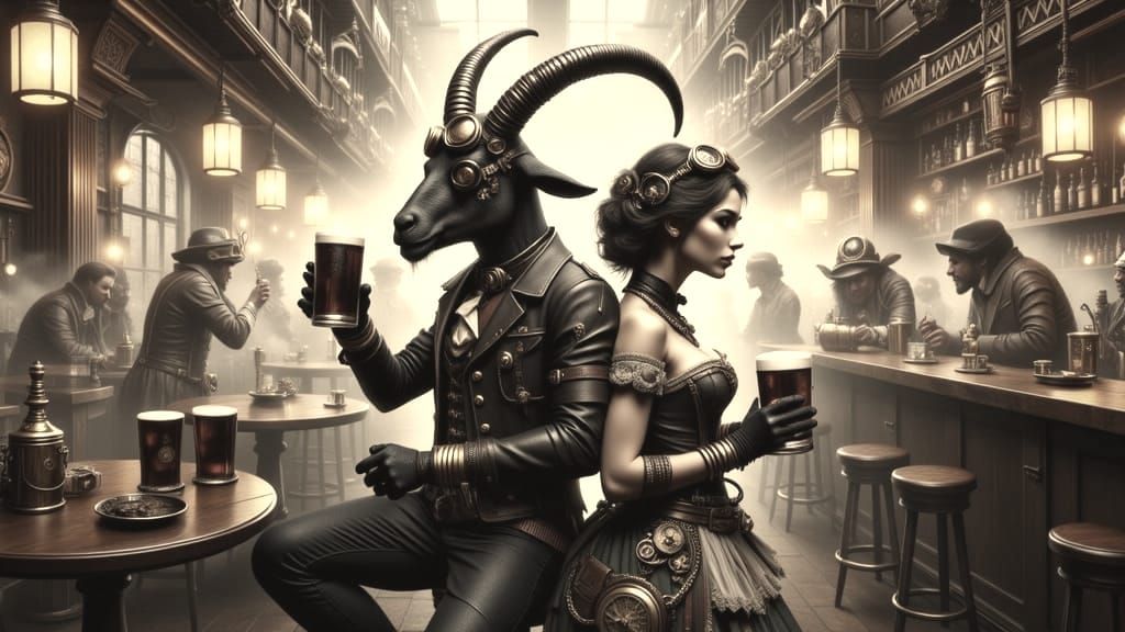 Steampunk Goat Engineer & Seamstress Amidst Bar Brawl