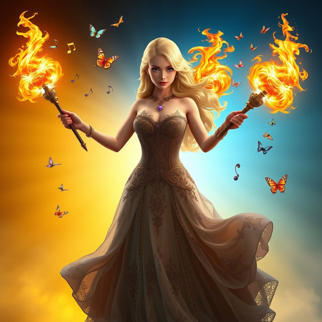 Blonde Tarot Reader with Fire Explosion, as Digital Art
