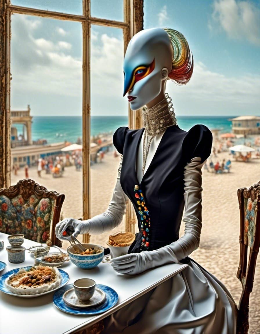 Polychromatic Alien Dining in Hyperrealistic Matte Painting