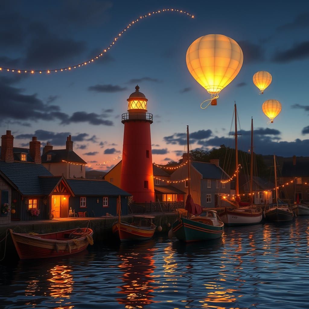 Quaint Breton Fishing Port at Dusk with Magical Glow