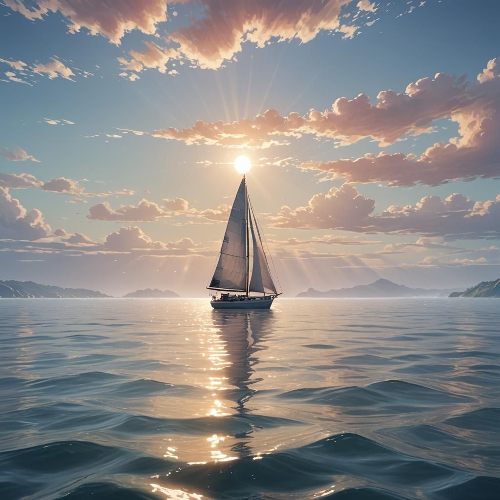 Sailboat on Serene Sea: Vibrant Digital Anime Art