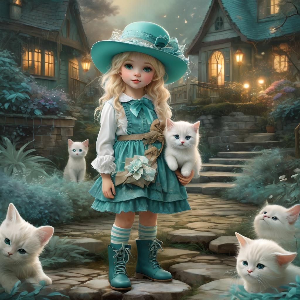 little girl with messy blonde hair with teal streaks, a teal...