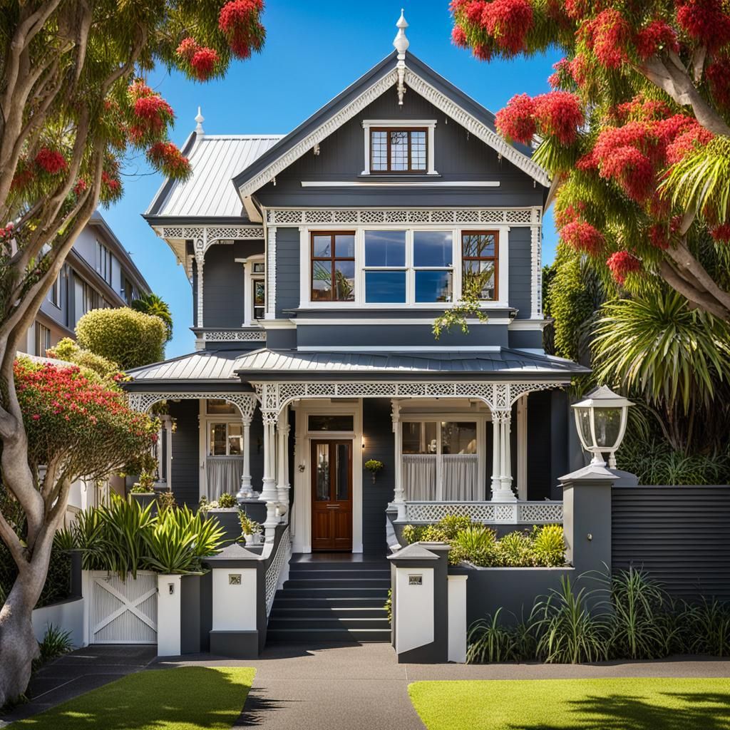 Classic villa style house in  Auckland, New Zealand.  Leafy street. Charcoal coloured paint with white trim. High resolu...