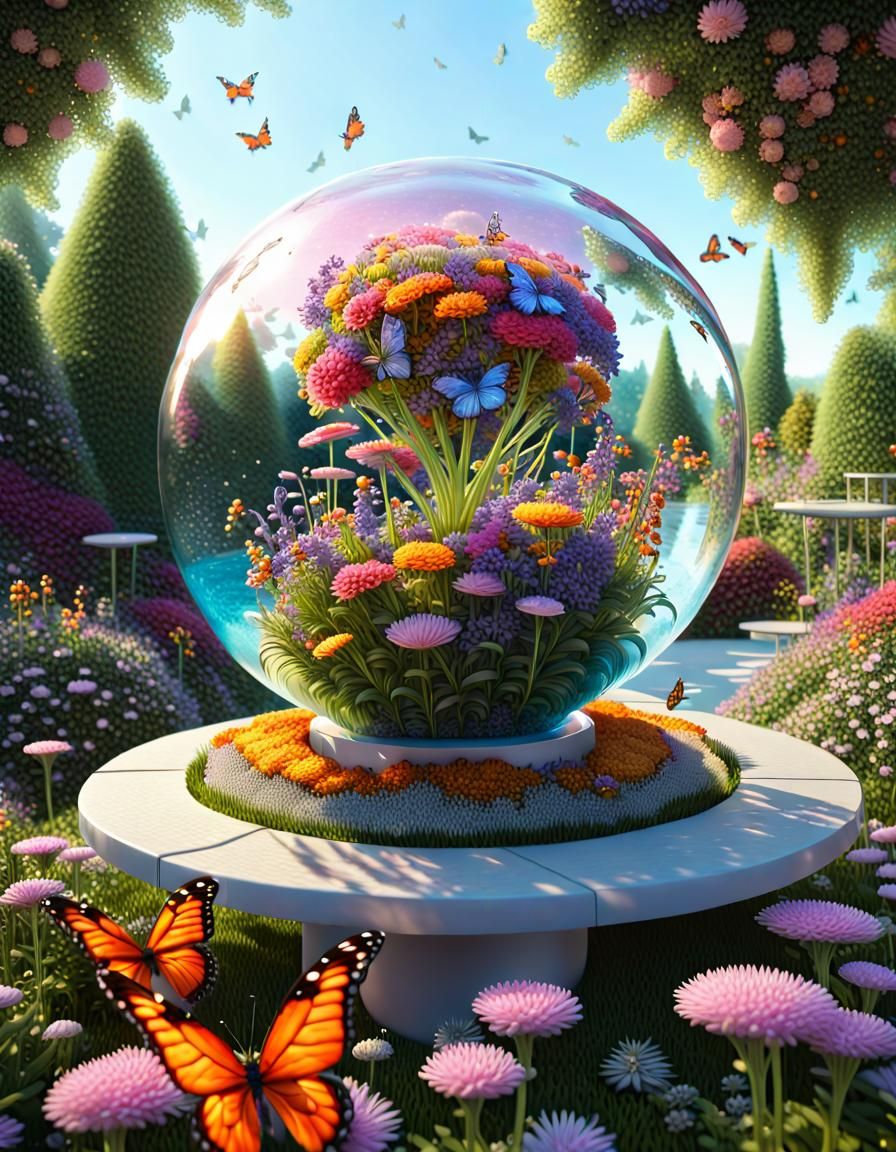 Glass Sphere: Majestic Flower Garden with Butterflies