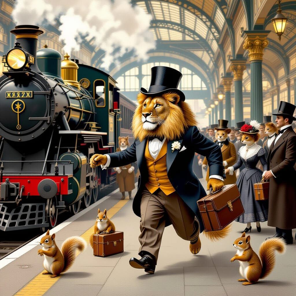 Anthropomorphic Animals at Train Station in Art Nouveau Styl...