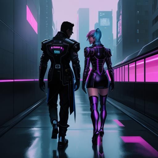 Cyberpunk Couple Gazing at Neon Cityscape at Dusk